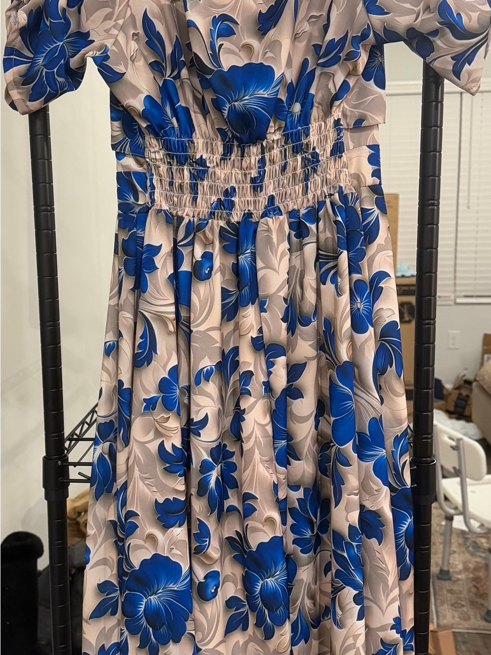 Floral A-Line Midi Dress in Blue and Cream - Picture 2 of 6